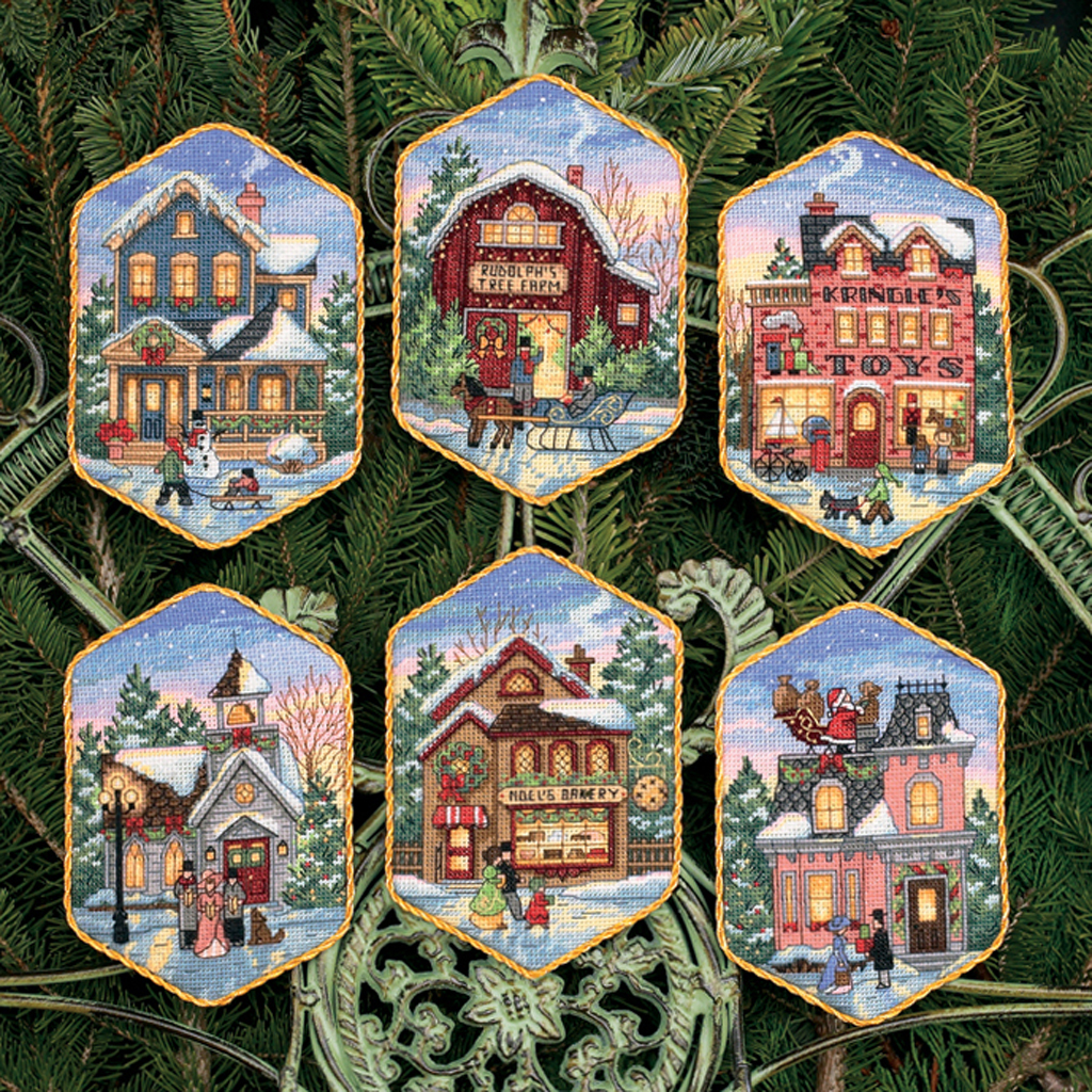 Miniatuur borduurpakket Ornament Christmas Village set van 6 - 8785