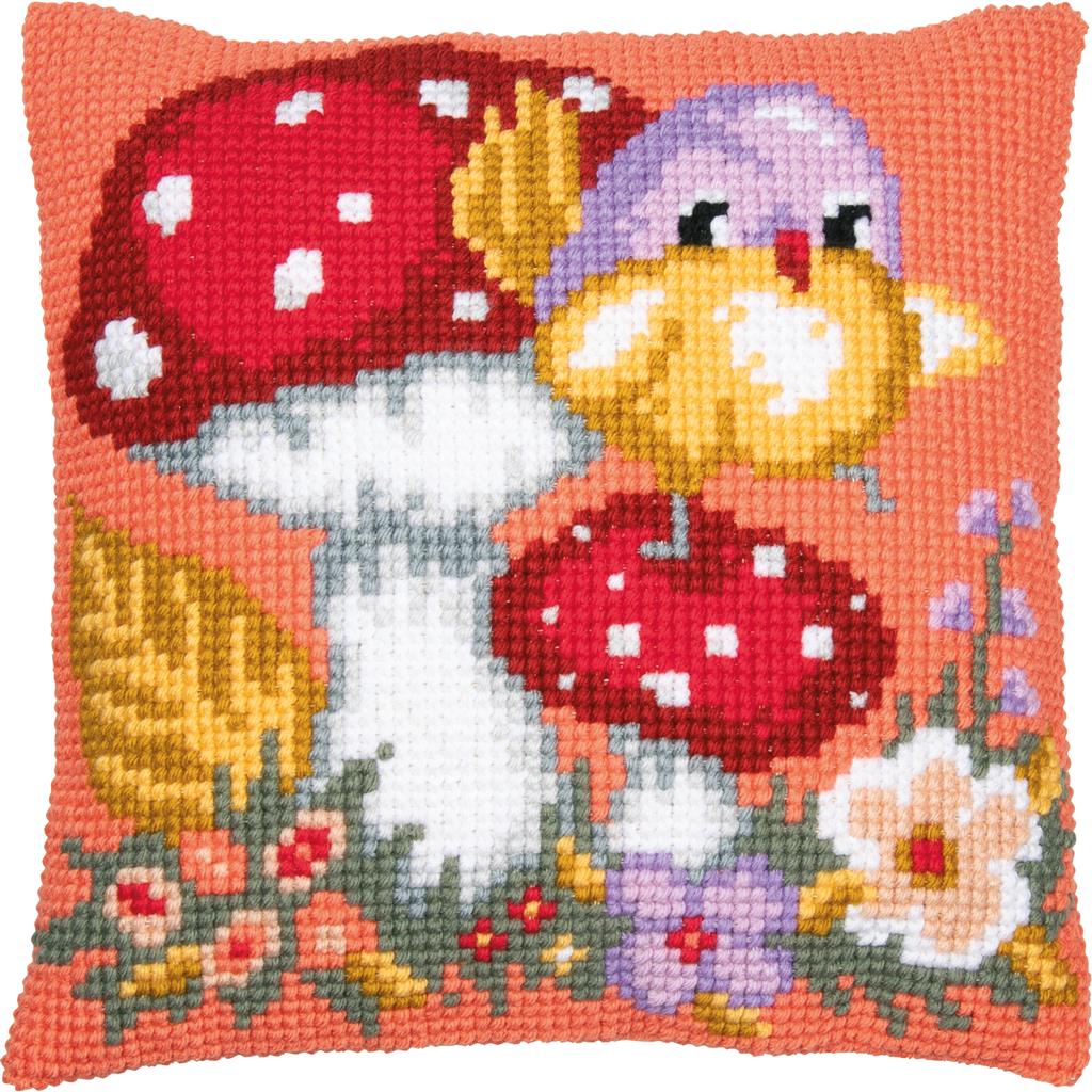 Coussin Oiseau sur Champignon