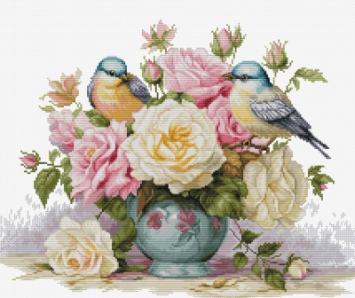 borduurpakkket Luca-S Vase with Roses and Birds LS-B7038